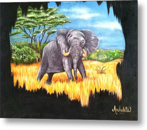 Elephant In It's Habitat Being Watched From A Distance Metal Print featuring the painting Who's Watching Who? by Ruben Archuleta - Art Gallery