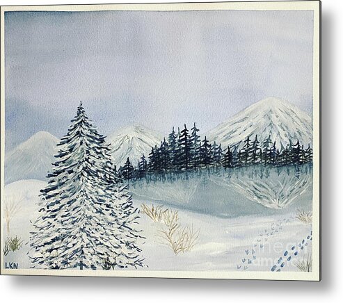 Winter Metal Print featuring the painting Winter Tree and Mountains by Lisa Neuman