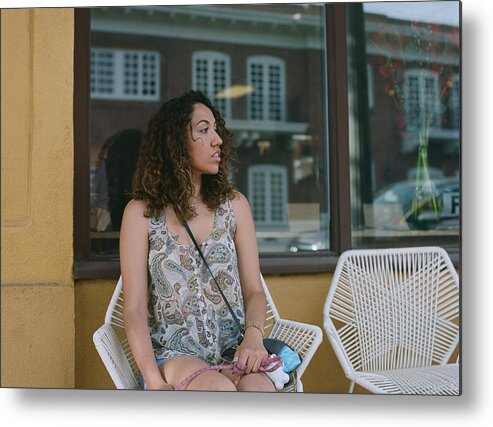 Mid Adult Metal Print featuring the photograph Woman sitting outside cafe by Scott Zdon