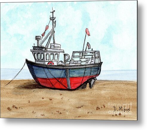 Colorful Wooden Fishing Boat Metal Print featuring the painting Wooden Fishing Boat on the Beach by Donna Mibus