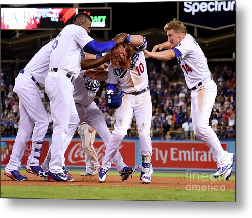 Ninth Inning Metal Print featuring the photograph Yasiel Puig and Justin Turner by Harry How