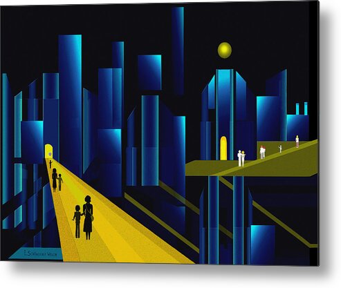 955 Metal Print featuring the painting  955 - Moonlit City  #955 by Irmgard Schoendorf Welch