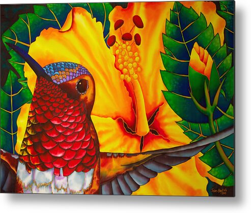  Yellow Hibiscus Metal Print featuring the painting Rufous Hummingbird - Exotic Bird by Daniel Jean-Baptiste