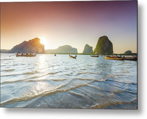 Water's Edge Metal Print featuring the photograph Long Tail Boat Sits In The Beautiful #1 by Primeimages