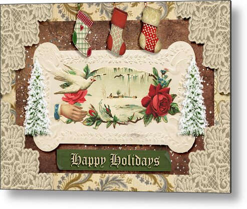 Holiday Metal Print featuring the mixed media Vintage Happy Holidays #2 by Paula Ayers