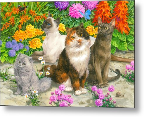 John Francis Metal Print featuring the painting Floral Cats by MGL Meiklejohn Graphics Licensing