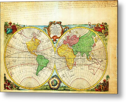 1744 Bowen Map Of The World In Hemispheres Geographicus World Bowen 1744 Metal Print featuring the painting 1744 Bowen Map of the World in Hemispheres Geographicus World bowen 1744 by MotionAge Designs