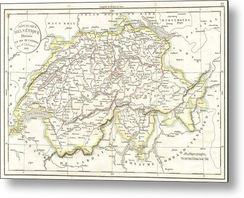 This Hand Colored Map Is A Copper Plate Engraving Metal Print featuring the photograph 1832 Delamarche Map of Switzerland by Paul Fearn