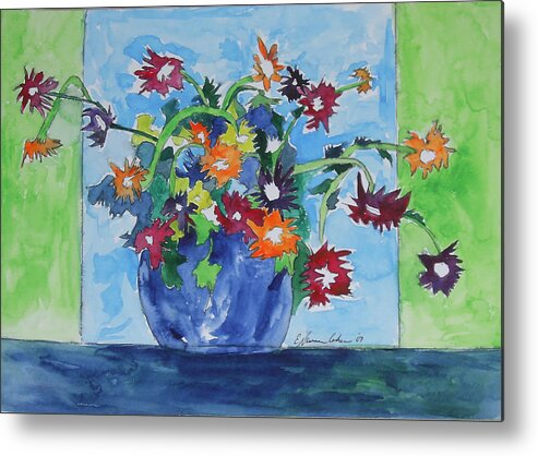 Flowers Metal Print featuring the painting Flowers in Green and Blue #2 by Esther Newman-Cohen