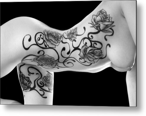 Nude Metal Print featuring the photograph 3682BW Black Rose Tattoo Side View with Full Breasts by Chris Maher