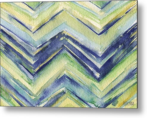 Abstract Metal Print featuring the painting Abstract Watercolor Painting - Blue Yellow Green Chevron Pattern by Beverly Brown Prints