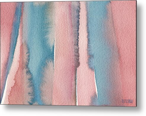 Abstract Metal Print featuring the painting Abstract Watercolor Painting - Coral and Teal Blue Wide Stripes by Beverly Brown