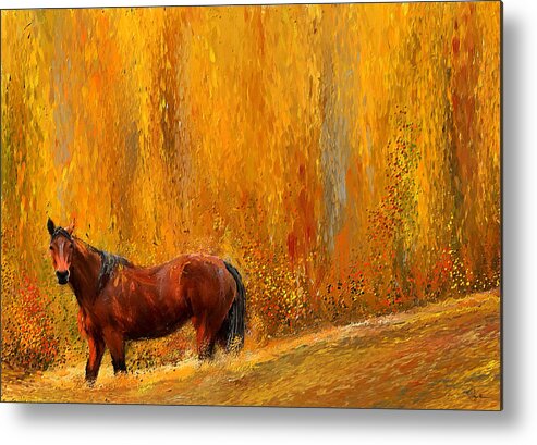 Bay Horse Paintings Metal Print featuring the painting Alone In Grandeur- Bay Horse Paintings by Lourry Legarde