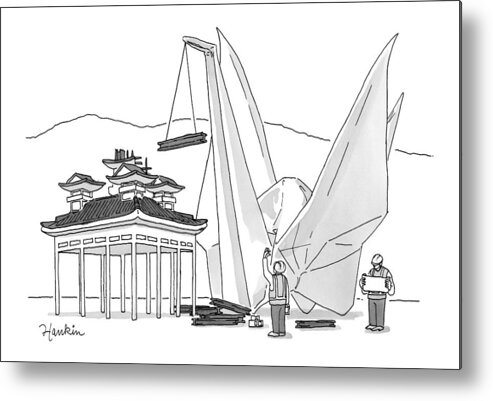 Captionless Metal Print featuring the drawing An Enormous Origami Crane Lifts Wood by Charlie Hankin