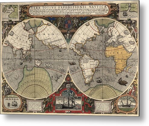 Map Metal Print featuring the drawing Antique Map of the World by Jodocus Hondius - circa 1565 by Blue Monocle