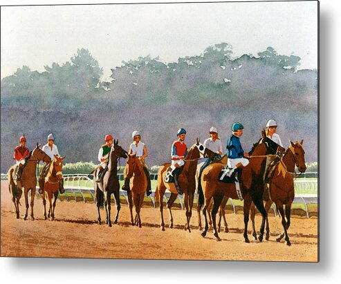 Horse Racing Metal Print featuring the painting Approaching the Starting Gate by Mary Helmreich