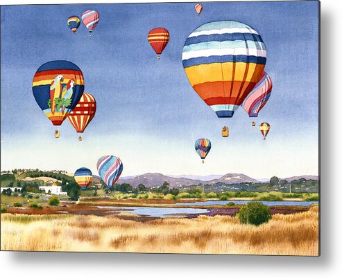 Encinitas Metal Print featuring the painting Balloons over San Elijo Lagoon Encinitas by Mary Helmreich
