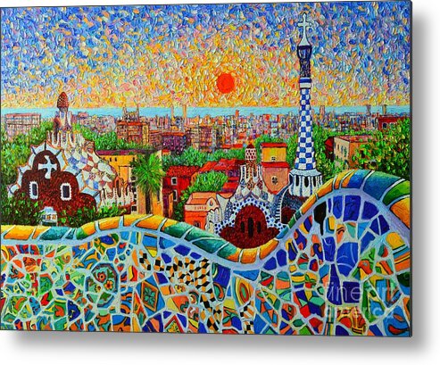 Barcelona Metal Print featuring the painting Barcelona View At Sunrise - Park Guell Of Gaudi by Ana Maria Edulescu