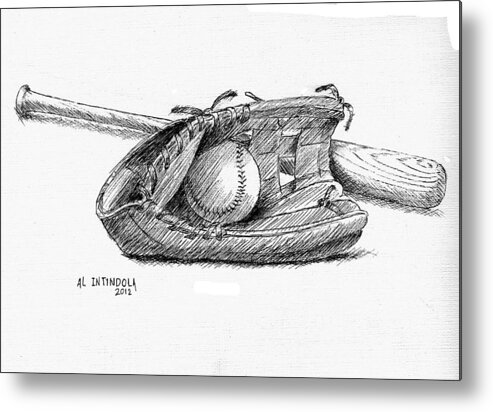 Bat Metal Print featuring the drawing Bat Ball and Glove by Al Intindola