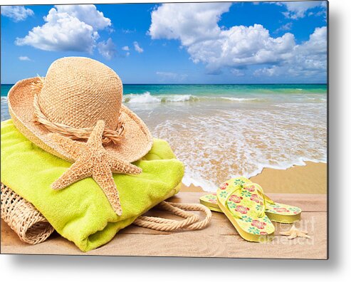 Summer Metal Print featuring the photograph Beach Bag With Sun Hat by Amanda Elwell