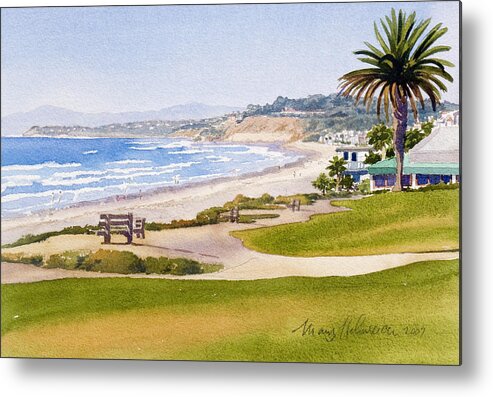 Pacific Metal Print featuring the painting Bench at Powerhouse Beach Del Mar by Mary Helmreich