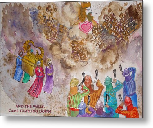 Shofar Metal Print featuring the painting Blowing the Shofar at Jericho with words by Anne Cameron Cutri