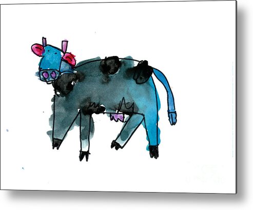 Cow Metal Print featuring the painting Blue Cow by Andrew Yap Age Six