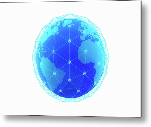 Aligning Metal Print featuring the photograph Blue Network Grid Covering Globe by Ikon Ikon Images