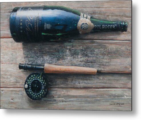 Bottle; Bottles; Champagne; Champagne Bottle; Rod; Fishing; Fishing Rod; Celebration; Planks Metal Print featuring the painting Bottle and Rod I by Lincoln Seligman