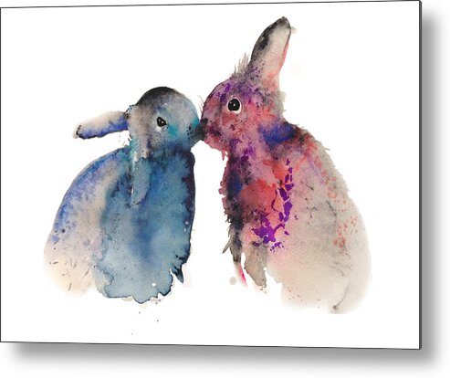 Bunnies Metal Print featuring the painting Bunnies in love by Krista Bros