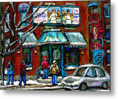 Montreal Metal Print featuring the painting Canadian Urban Winter City Scenes Paintings Fairmount Bagel Shop Montreal Art Carole Spandau by Carole Spandau