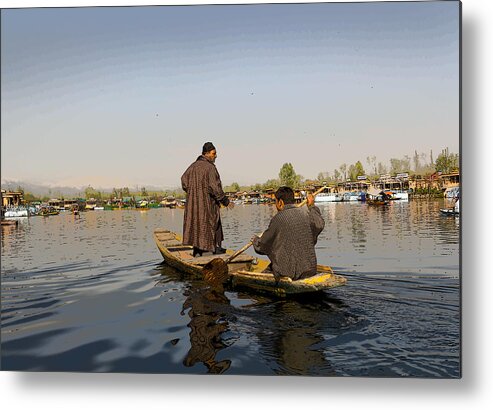 Beautiful Scene Metal Print featuring the digital art Cartoon - Kashmiri men plying a wooden boat in the Dal Lake in Srinagar by Ashish Agarwal