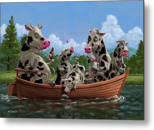 Cow Metal Print featuring the painting Cartoon Cow Family on Boating Holiday by Martin Davey