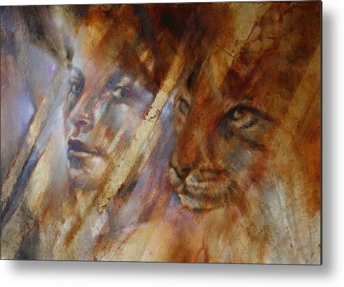 Female Metal Print featuring the painting Cats by Annette Schmucker