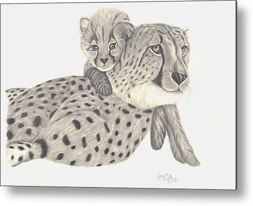 Mother And Baby Metal Print featuring the drawing Cheetah and her cub 1 by Patricia Hiltz