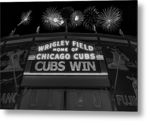 Chicago Metal Print featuring the photograph Chicago Cubs Win Fireworks Night B W by Steve Gadomski