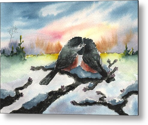 Chickadees Metal Print featuring the painting Chickadee Sunset Snuggle by Sean Seal