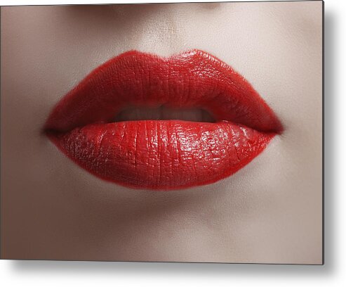 People Metal Print featuring the photograph Close up of bright red shiny lips by Paper Boat Creative