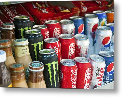 Cold Energy Coffee And Soft Drink Display  Metal Print featuring the photograph Cold Energy Coffee and Soft Drink display  by David Zanzinger