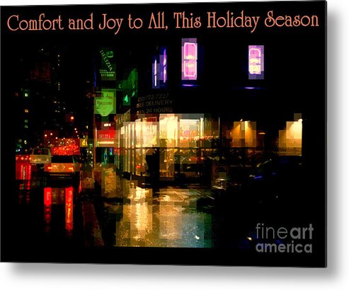 Rainy Night Metal Print featuring the photograph Comfort and Joy to All This Holiday Season - Corner in the Rain - Holiday and Christmas Card by Miriam Danar