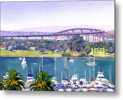 San Diego Metal Poster featuring the painting Coronado Bay Bridge by Mary Helmreich