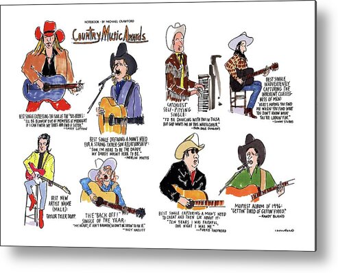 No Caption
Title: Country Music Awards. Two-page Color Spread Of The Winners Of The Country Music Awards. Notebook Spoof Shows Metal Print featuring the drawing Country Music Awards by Michael Crawford