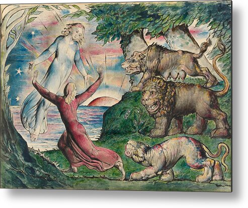 William Blake Metal Print featuring the painting Dante running from the three beasts by William Blake