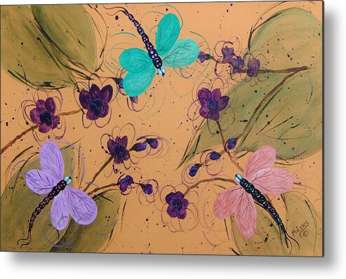 Dragonfly Metal Print featuring the painting Daydream orchids and dragonfly by Cindy Micklos
