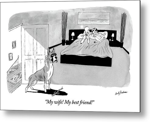 Love Metal Print featuring the drawing Dog Enters Room Where Poodle And Man Are In Bed by Andy Friedman
