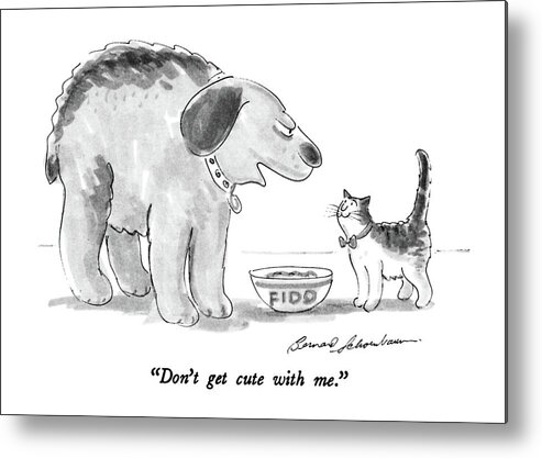 

 Large Dog To Small Metal Print featuring the drawing Don't Get Cute With Me by Bernard Schoenbaum
