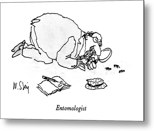 Entomologist

The Entomologist: Title. Man With Magnifying Glass And Goatee Looks At Bugs On The Ground. 
Science Metal Print featuring the drawing Entomologist by William Steig