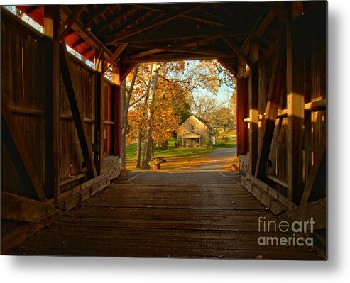 Poole Forge Covered Bridge Metal Print featuring the photograph Farmhouse Through The Poole Forge Covered Bridge by Adam Jewell