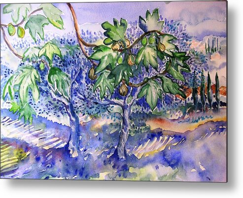 Fig Tree Metal Print featuring the painting Fig tree and Olive trees in a Tuscan garden by Trudi Doyle