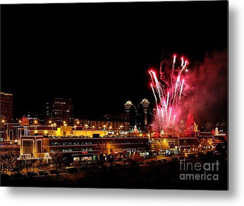 Plaza Lights Metal Print featuring the photograph Fireworks over the Kansas City Plaza Lights by Catherine Sherman